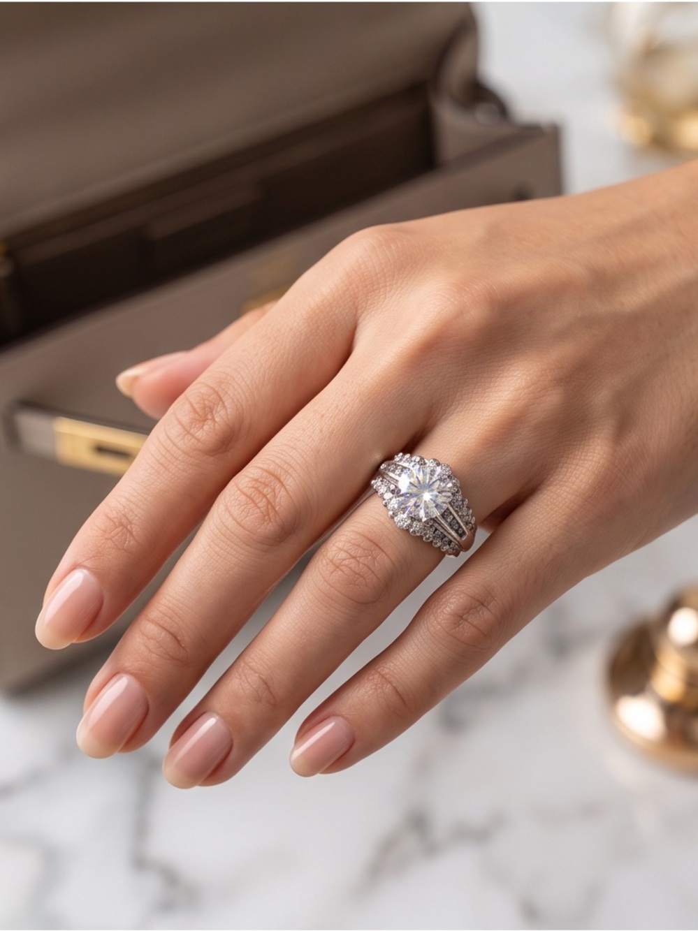 Round Cut Solitaire Ring with Side Accents Silver
Tone 2 Carat  New!